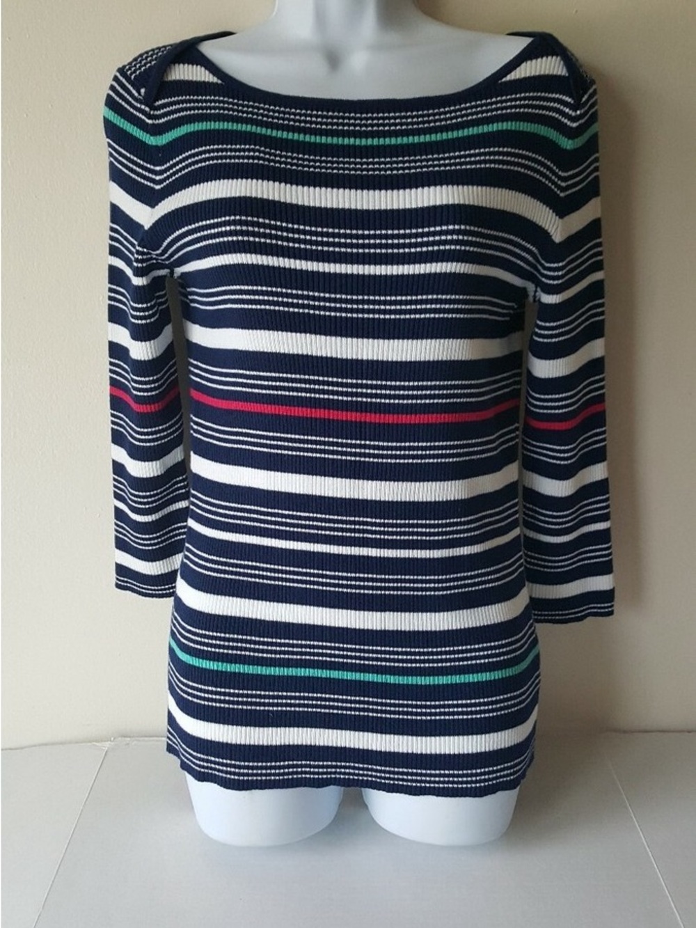 NWT Liz Claiborne Navy White Striped Sweater with Teal and Red Accents